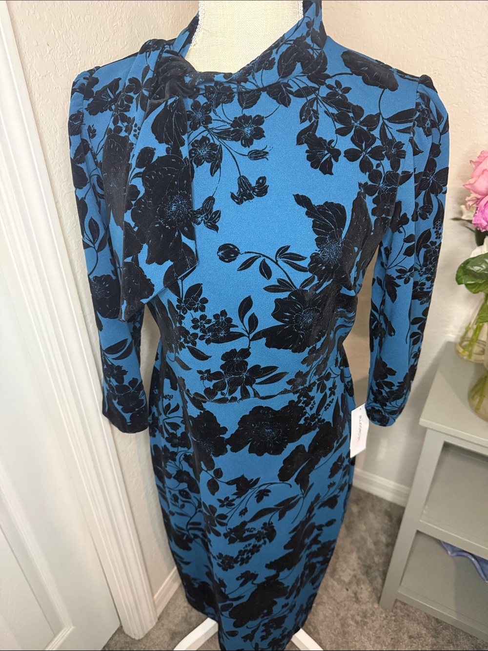 Liz Claiborne Blue Dress with Black Floral Burnout
